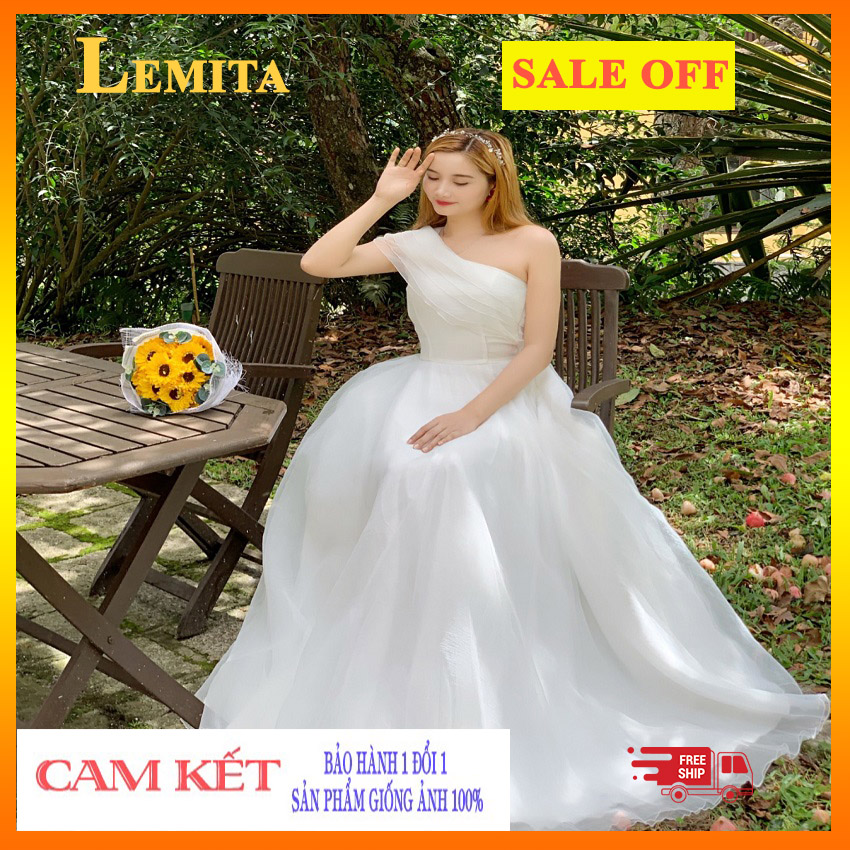 Đầm dạ hội, đầm dự tiệc, maxi trắng chụp ảnh xốp trắng lệch vai bèo DH03 LEMITA
