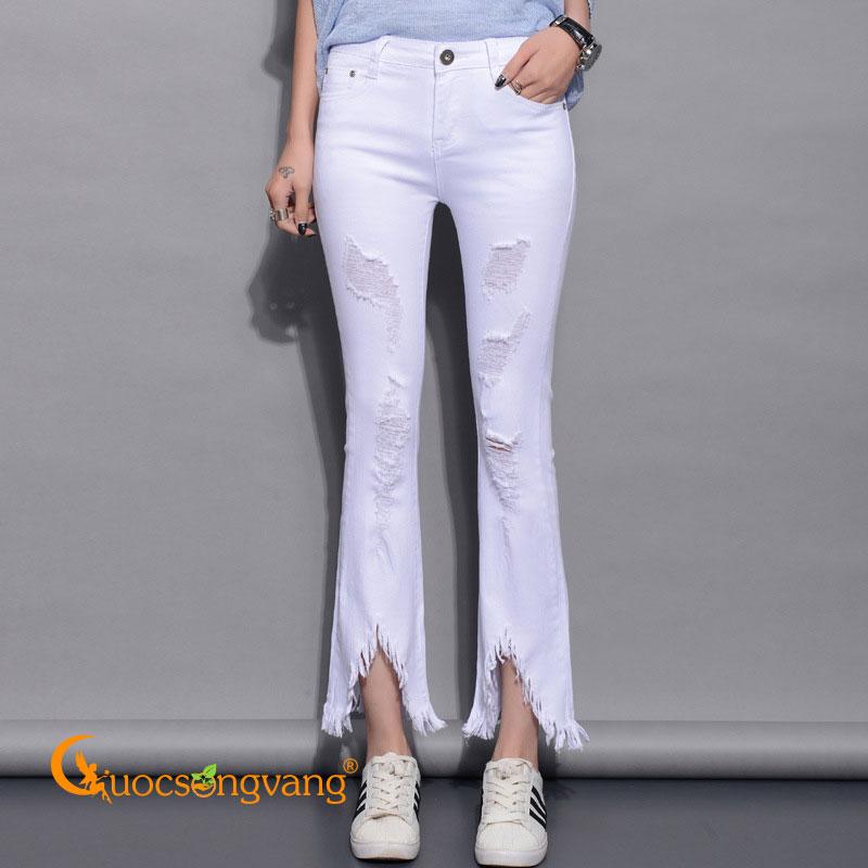 Quần jean rách quần jean nữ kaki ống loe mài rách co giãn GLQ021 trắng