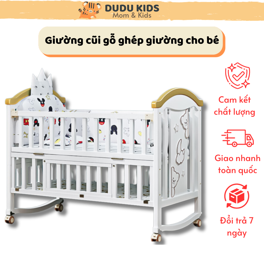 Giường cũi trẻ em đa năng 6 in 1 giường gỗ phủ sơn an toàn dành cho trẻ từ 05 tuổi tặng kèm màn đệm & bộ phụ kiện 5 món bọc giường