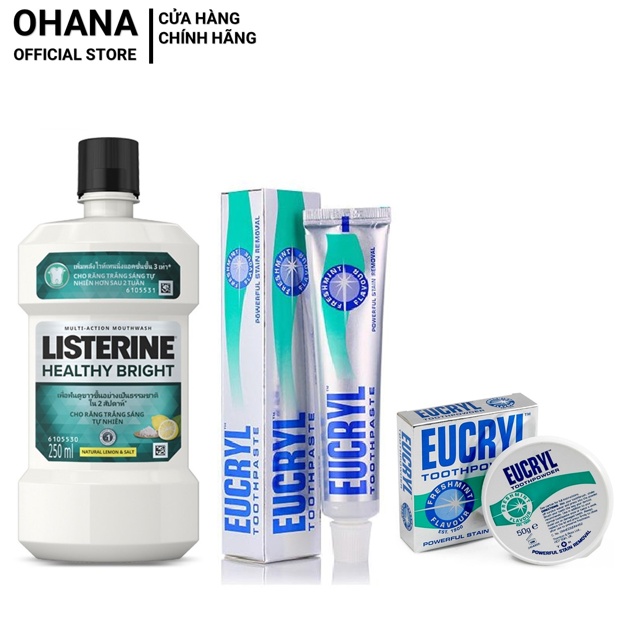 Combo Bột Tẩy Trắng Răng 50g + Kem Đánh Răng EUCRYL 62g + Nước Súc Miệng Trắng Răng Listerine Healthy Bright 250ml