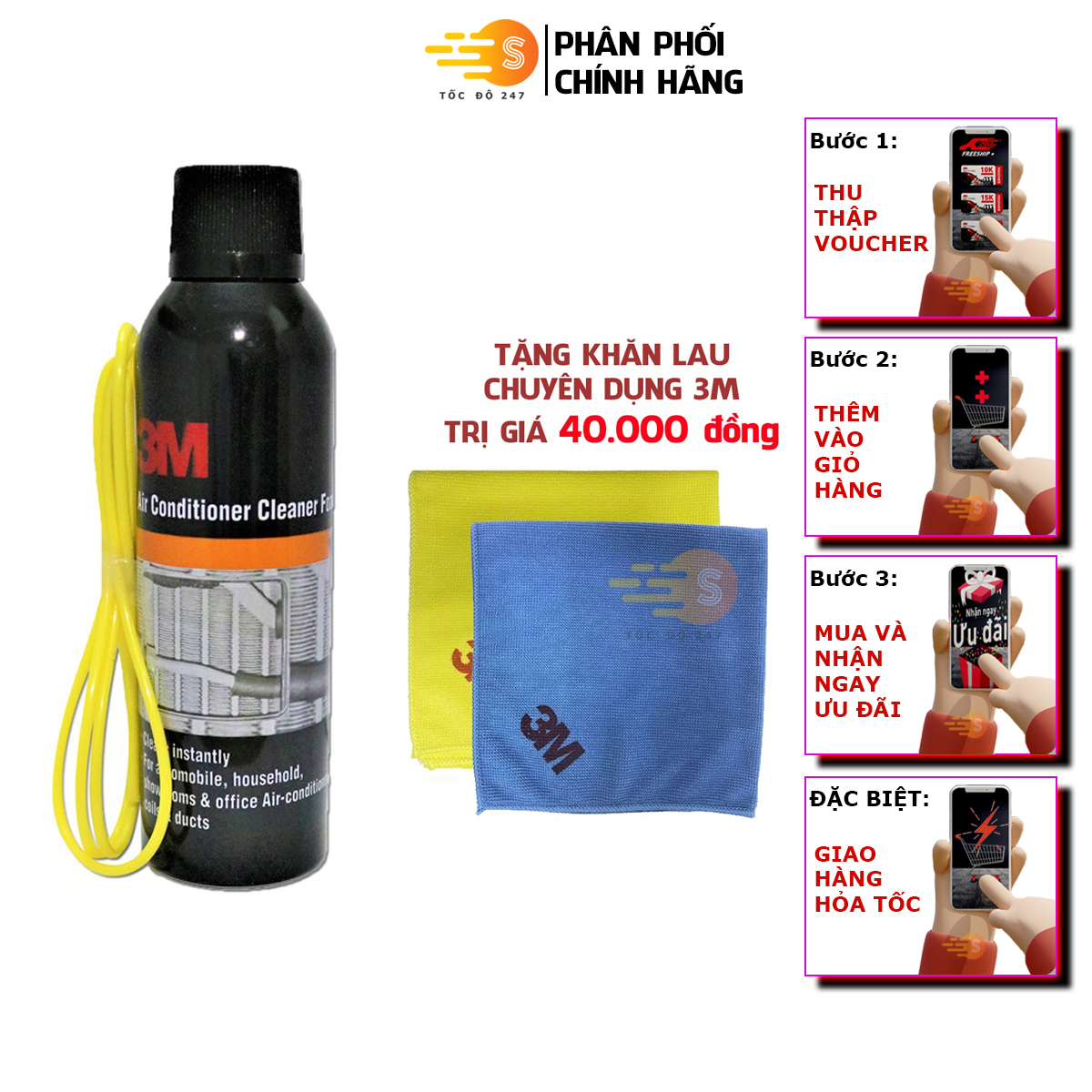 Chai xịt vệ sinh hệ thống điều hòa ô tô 3M 3M-ACC tặng khăn lau ô tô chuyên dụng 3M