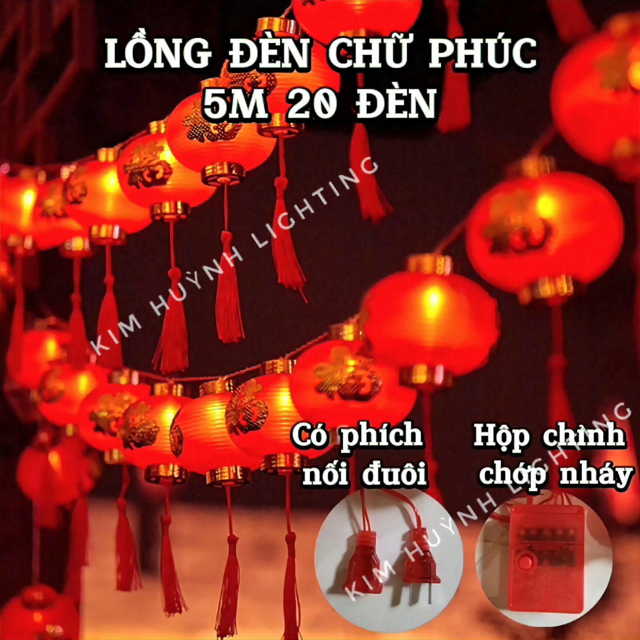 Dây đèn led lồng đèn đỏ chữ Phúc tròn, trụ trang trí lễ Tết
