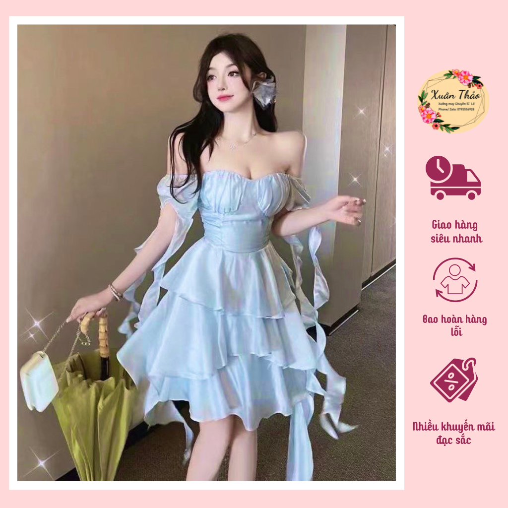 Đầm váy voan tiểu thư xếp tầng chiết eo hàng thiết kế, đầm váy quảng châu phối ruy băng, mã số a01