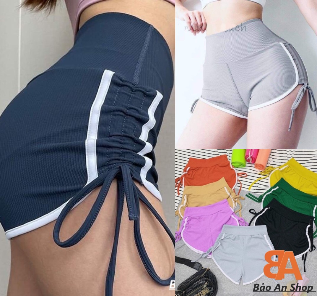 Quần shorts đùi nữ kiểu rút dây phối sọc chạy viền chất vải thun gân len 4 chiều lưng thun