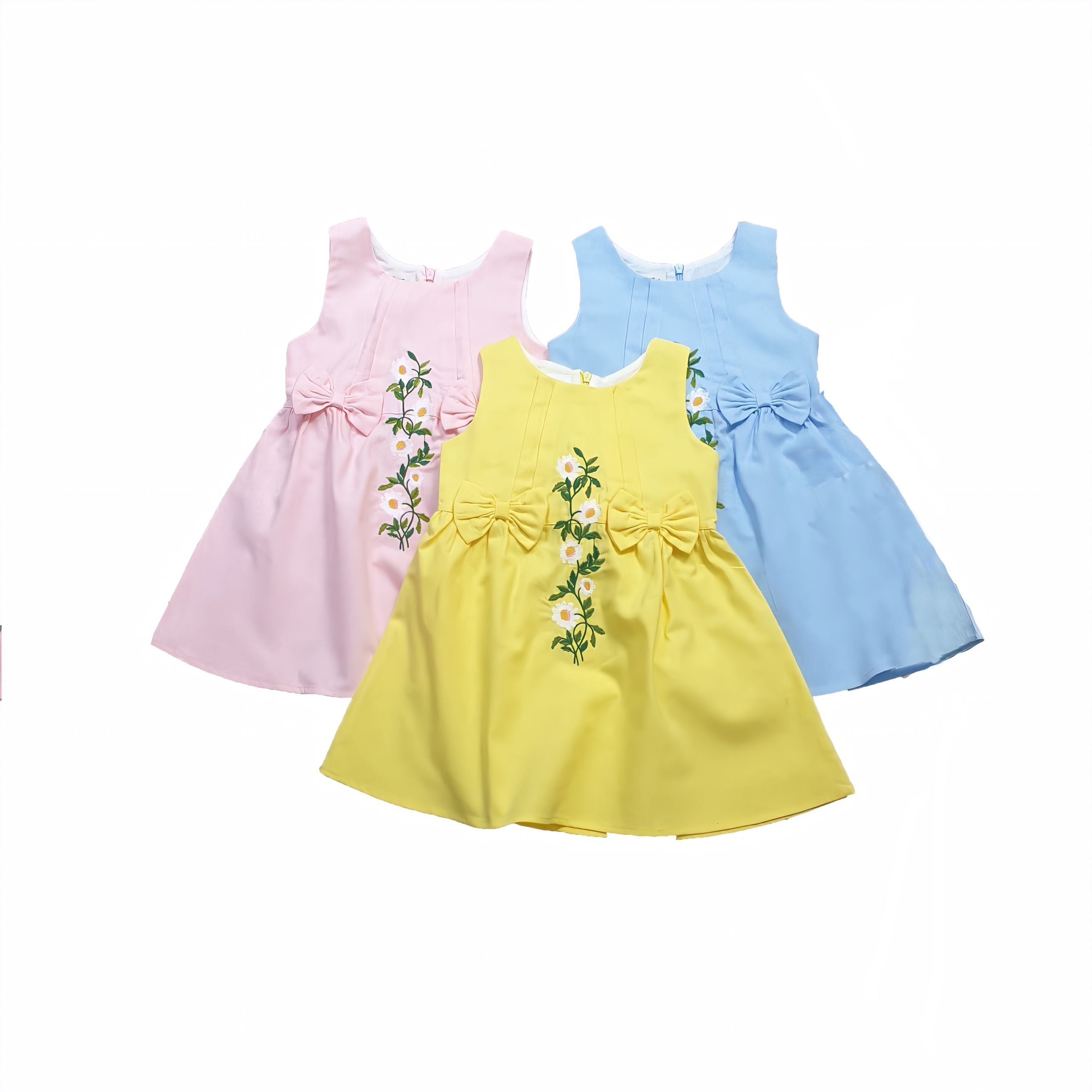 Váy đầm cotton thêu hoa đính nơ eo bé gái babybean