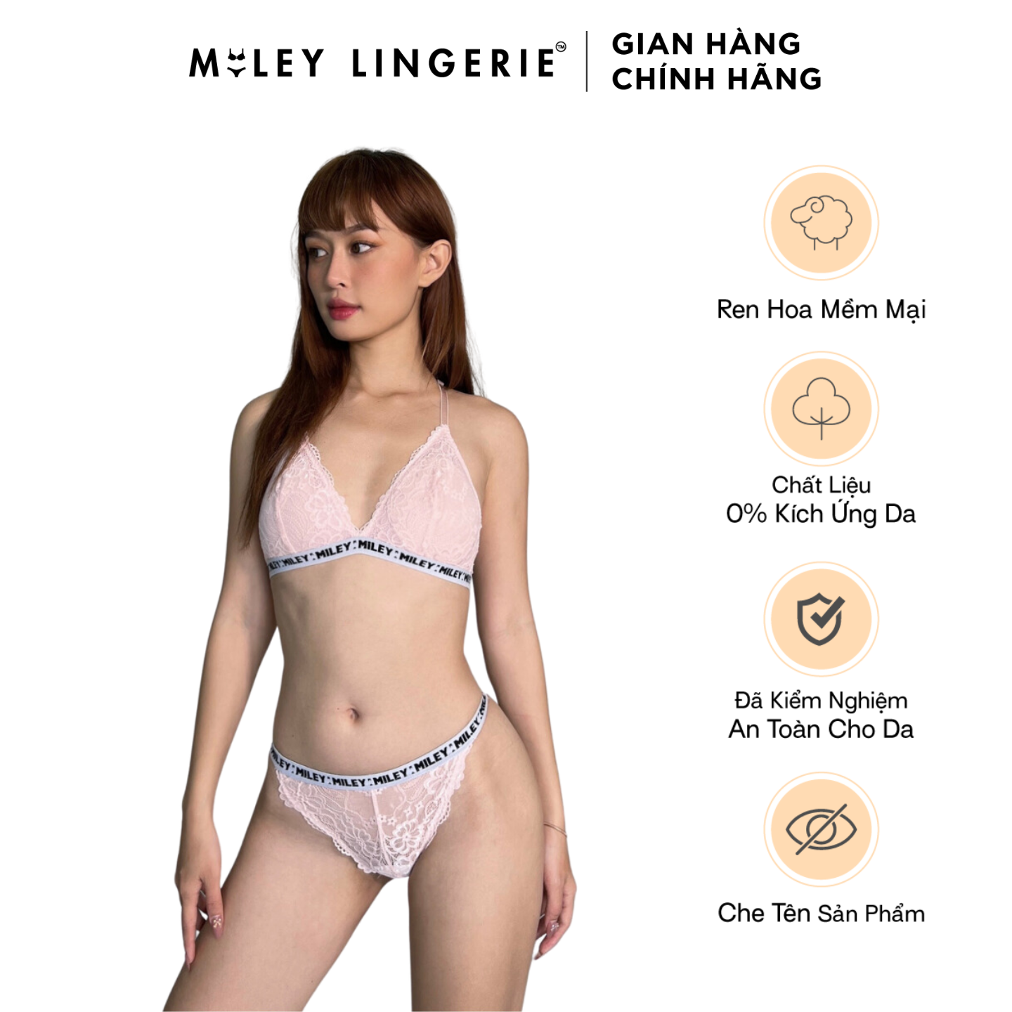 Áo bralette ren không gọng - không mút sporty miley lingerie - màu hồng