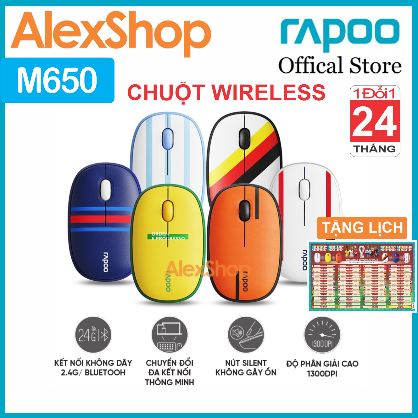 Chuột không dây rapoo m650 world cup silent - chính hãng 2 năm 1 đổi 1