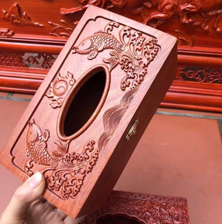 [ ẢNH THẬT ] Hộp Đựng Khăn Giấy Bằng Gỗ Hương Trạm Khắc Song Ngư