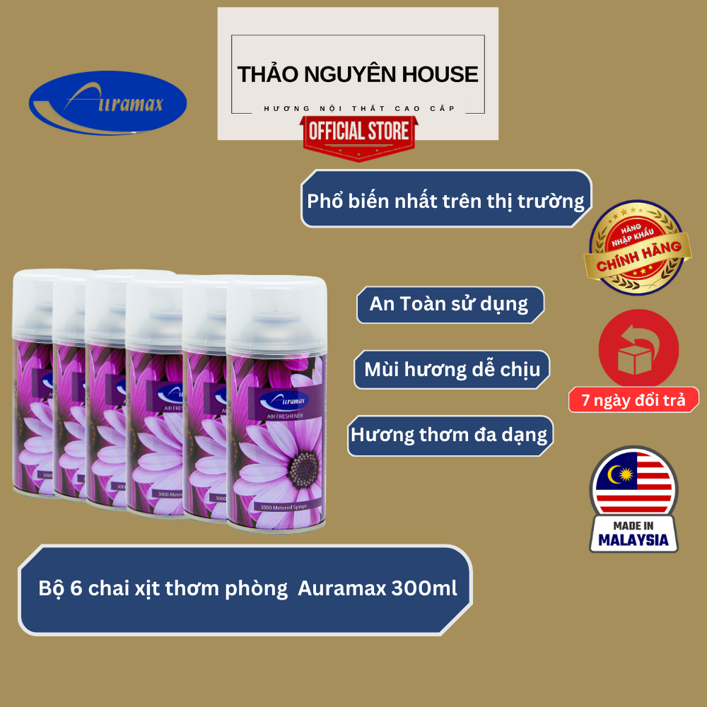 Bộ 6 chai Nước hoa xịt thơm phòng tự động Auramax 300ml hương Lavender (hoa lavender)