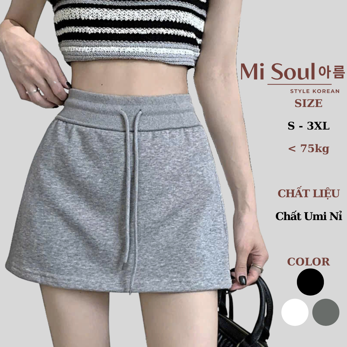 Chân Váy Umi Dáng A Ngắn Lưng Cao Phối Dây Rút Có Lót Trong BigSize MiSoul Chân Váy Ngắn Cạp Trơn Dây Rút Thể Thao 316