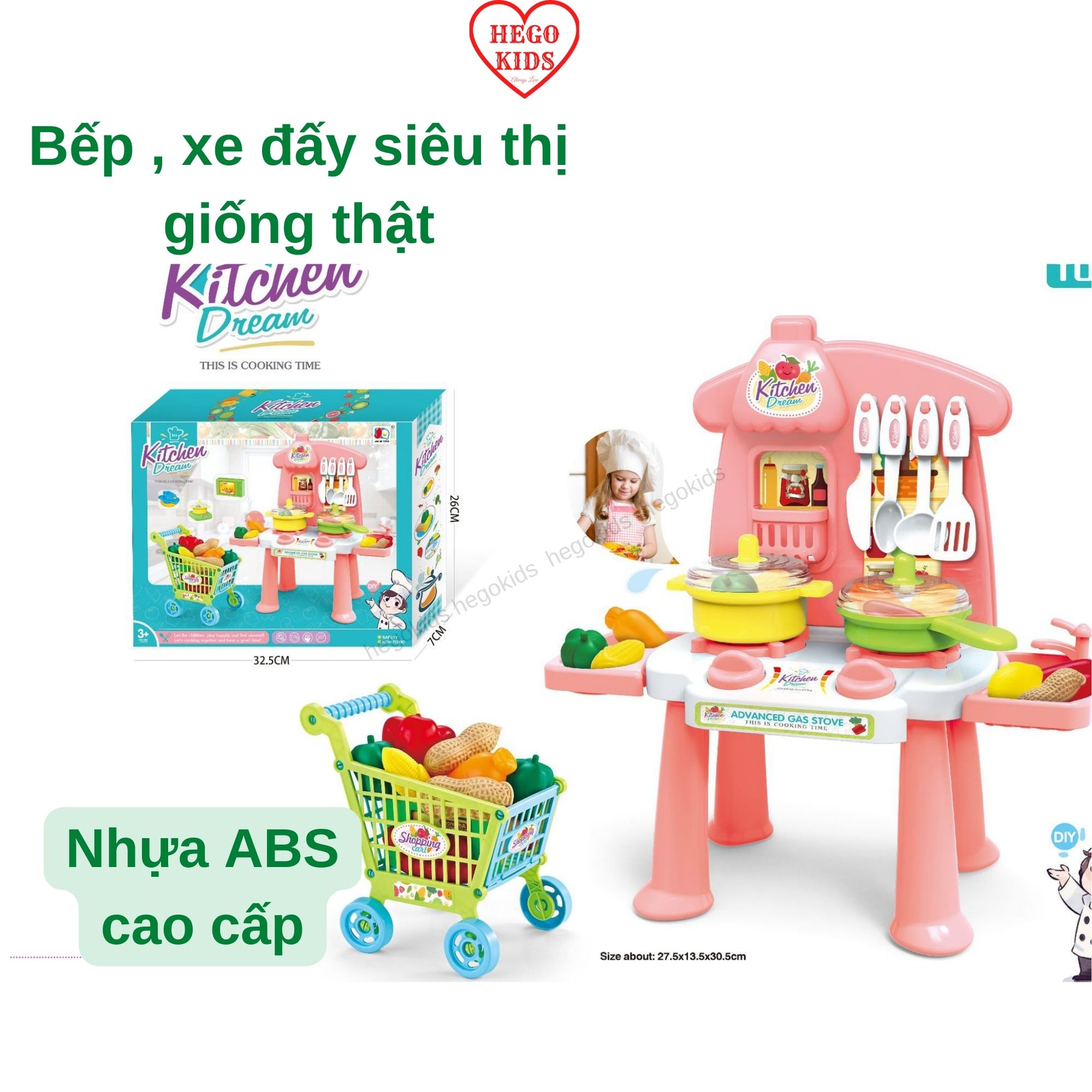 Đồ chơi nấu ăn bếp kèm xe đẩy siêu thị giống thật