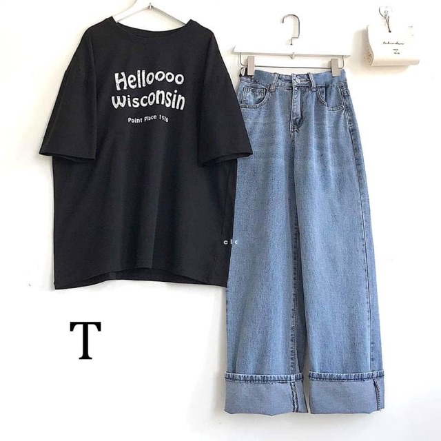 Set Helloooo+quần bò ống rộng TT, áo thun nam nữ cá tính giá rẻ, sét bộ nữ cá tính, sét bộ đồ đôi nam nữ đẹp, in áo thun theo yêu cầu giá rẻ - Đậu Đậu