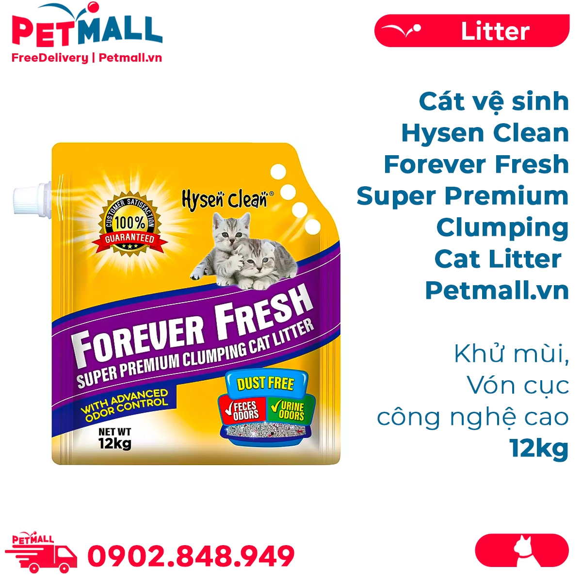 Cát vệ sinh Hysen Clean Forever Fresh Super Premium Clumping Bentonite Cat Litter 12kg - Khử mùi, vón cục công nghệ cao Petmall