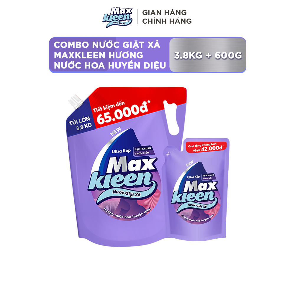 Combo Nước giặt xả MaxKleen Hương Nước Hoa Huyền Diệu: 1 Túi 3.8kg + 1 Túi 600g
