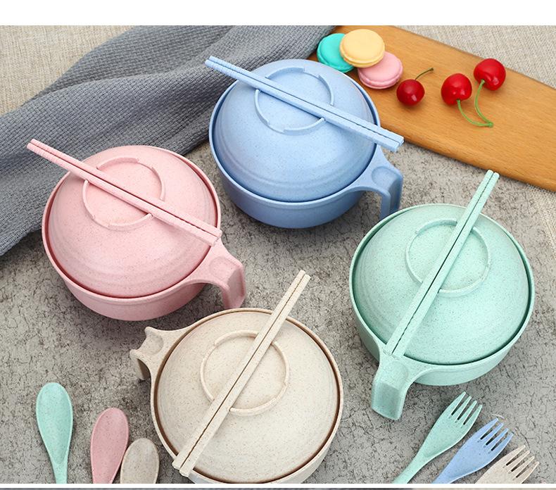 Bộ ca mỳ lúa mạch có nắp, dũa, muỗng, nĩa xinh xắn, tiện lợi, an toàn