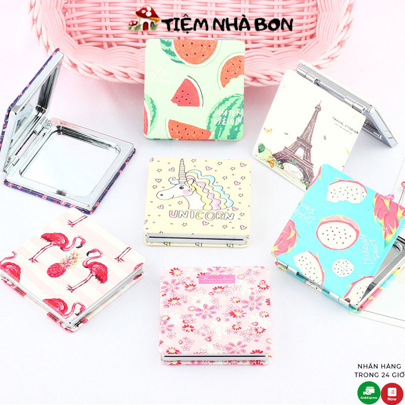 Gương mini cầm tay 2 mặt gấp gọn tiện lợi, Gương trang điểm mini 2 mặt bỏ túi siêu xinh