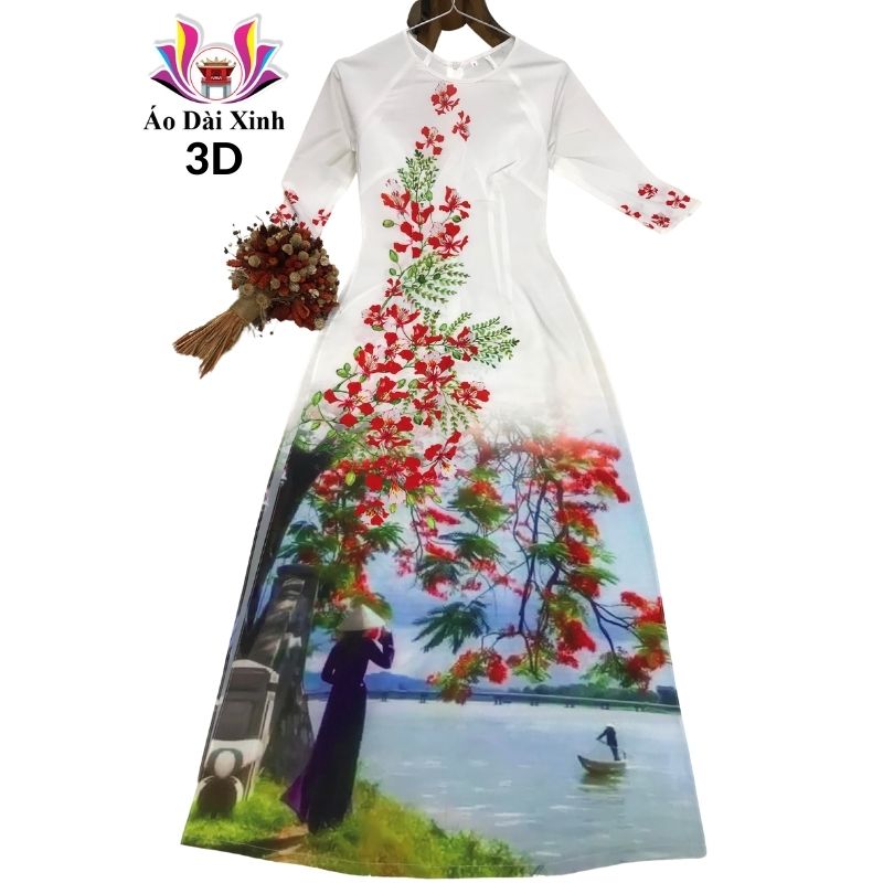 Áo dài truyền thống in 3D lụa Nhật cổ tròn tay lỡ màu trắng hoa phượng.