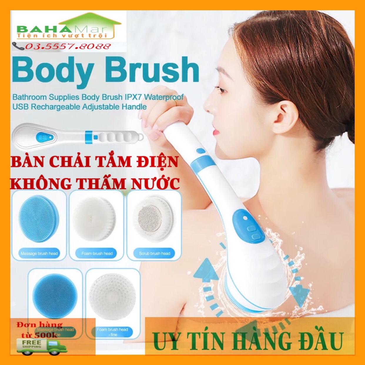 BÀN CHẢI TẮM ĐIỆN KHÔNG THẤM NƯỚC "BAHAMAR" kết hợp matxa  cải thiện tuần hoàn máu, loại bỏ mệt mỏi, cải thiện giấc ngủ với 5 đầu bàn chải để thay thế với tính năng khác nhau. Cần thiết cho mỗi gia đình