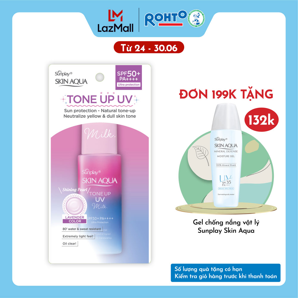 Kem chống nắng nâng tông Skin Aqua Tone up Lavender cho da tối màu & da vàng, dạng sữa Sunplay Skin Aqua Tone Up UV Milk Lavender SPF 50+ PA++++ 50g
