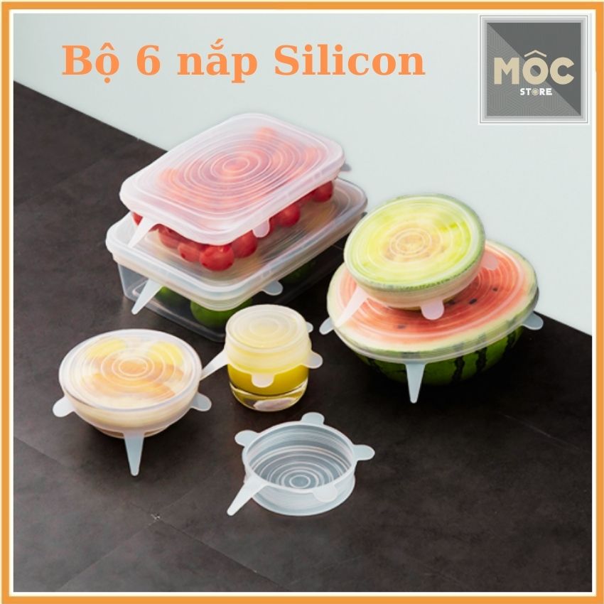 Bộ 6 nắp đậy silicon bọc thức ăn an toàn tiện lợi dễ vệ sinh Mộc Shop Saigon M0496 kích thước co giãn linh hoạt trong suốt sử dụng trong lò vi sóng hàng cao cấp giá sỉ