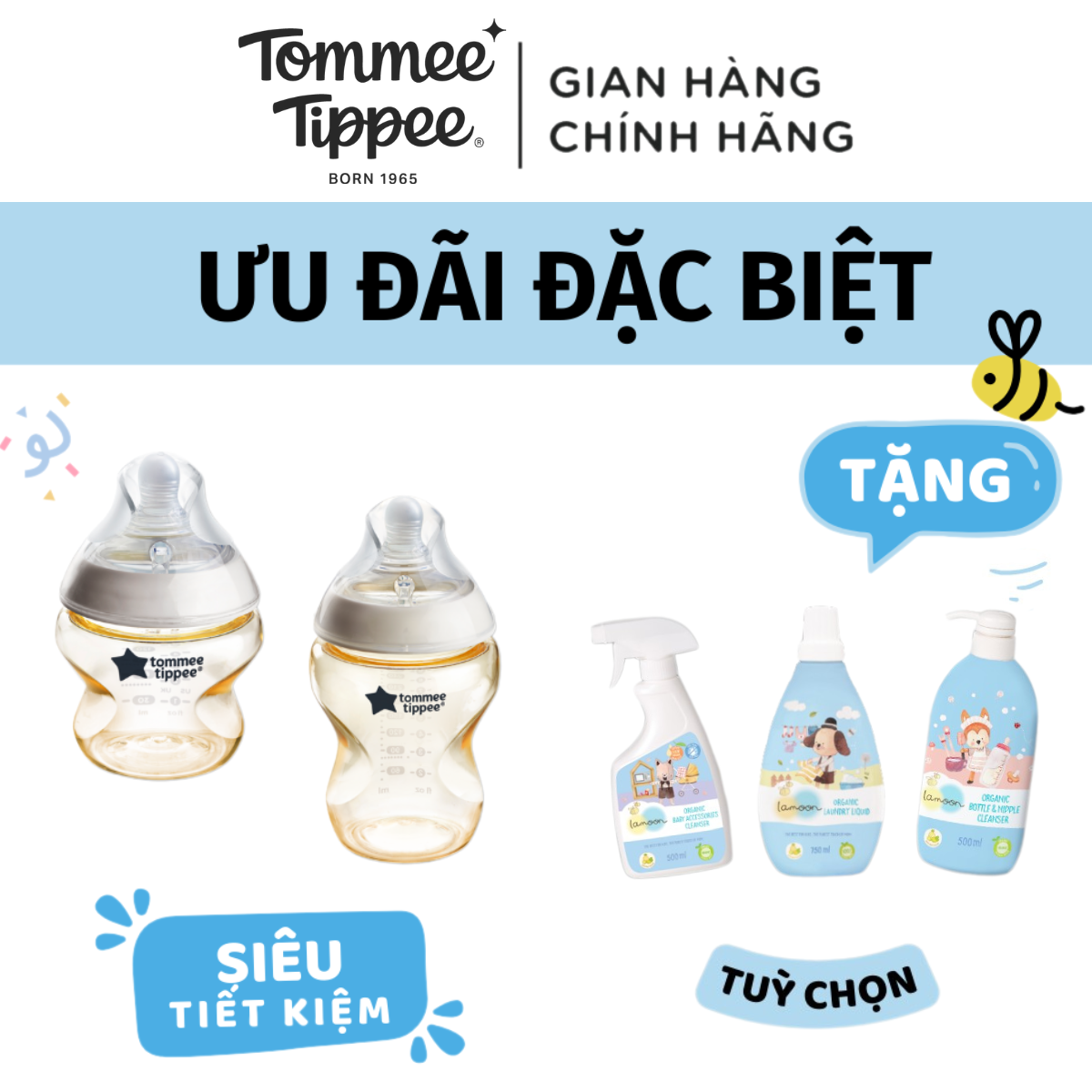 Combo 2 bình sữa tommee tippee ppsu ty siêu mềm tự nhiên tặng 1 bình nước rửa bình sữa/sữa tắm organic lamoon