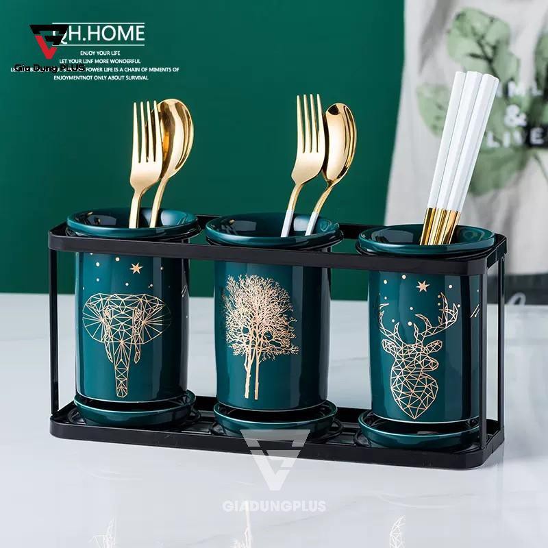 Bộ ba ống đựng đũa, thìa sứ - màu xanh ngọc lục bảo tuyệt đẹp
