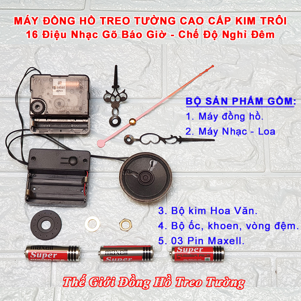 Máy NHẠC CHUÔNG 16 Điệu Nhạc Gõ Báo Giờ + Máy ĐỒNG HỒ KIM TRÔI Cao Cấp EASTAR + Bộ KIM HOA VĂN – Bảo Hành 1 Năm – Tặng Pin Maxell