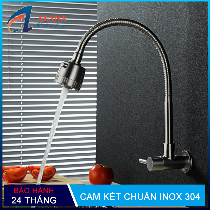 Vòi rửa chén xả lạnh gắn tường inox 304 cần mềm- Đầu vòi 2 chế độ tăng áp -1 đường nước mã QH-DL006