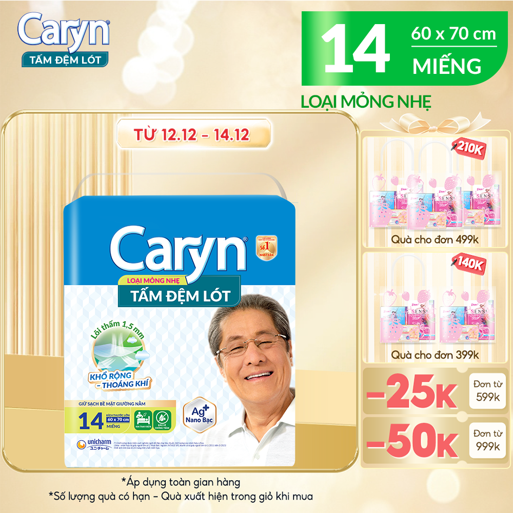 Tấm đệm lót Caryn mỏng nhẹ 14 miếng/gói - Thoải mái xoay trở chống trào lưng, ngăn ngừa vi khuẩn và kiểm soát mùi hiệu quả