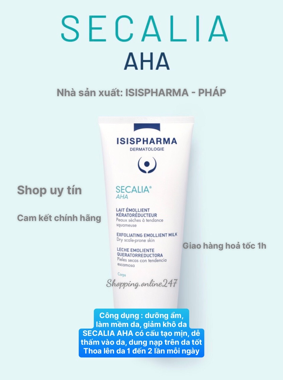 [Chính hãng] Kem dưỡng ẩm ISIS PHARMA SECALIA AHA giảm khô da - dày sừng - da vảy cá - vảy nến - chàm khô - nứt nẻ gót chân - dễ thấm dung nạp trên da tốt - 75ml và 200ml