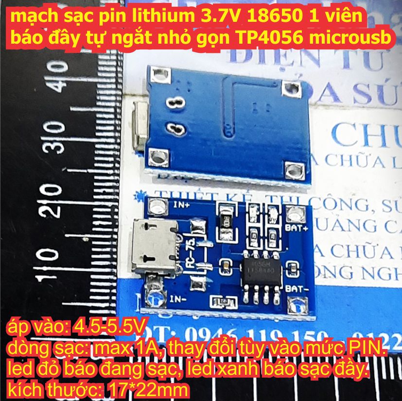 5 mạch sạc bảo vệ 1 viên pin Lithium 3.7V 18650 báo đầy tự ngắt TP4056 cổng microusb type-C kde3138a