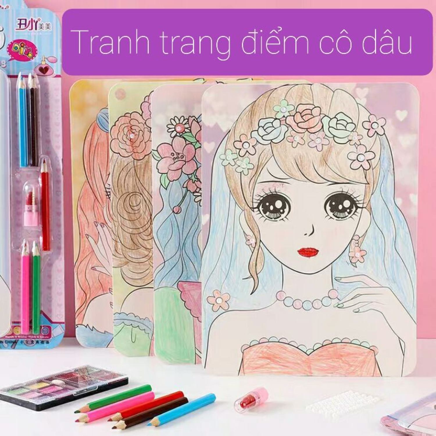 Set tranh tô màu công chúa kèm đồ trang điểm và chì màu
