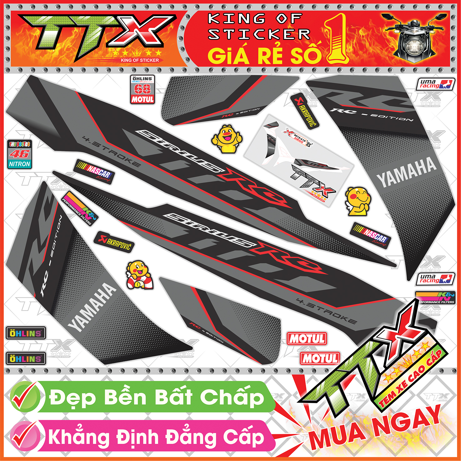 Tem Xe Sirius RC 110 Đen Xám Đỏ - Tem Sirius Chỉ Đỏ Xám Đen Siêu Đẹp - Mẫu Team Sirius Đen Xám Đỏ