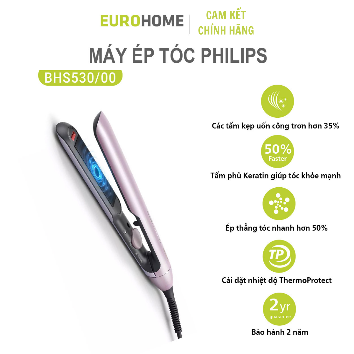 Máy ép tóc Philips BHS530, tạo kiểu dễ dàng, bảo vệ tóc, bảo hành 2 năm chính hãng toàn quốc
