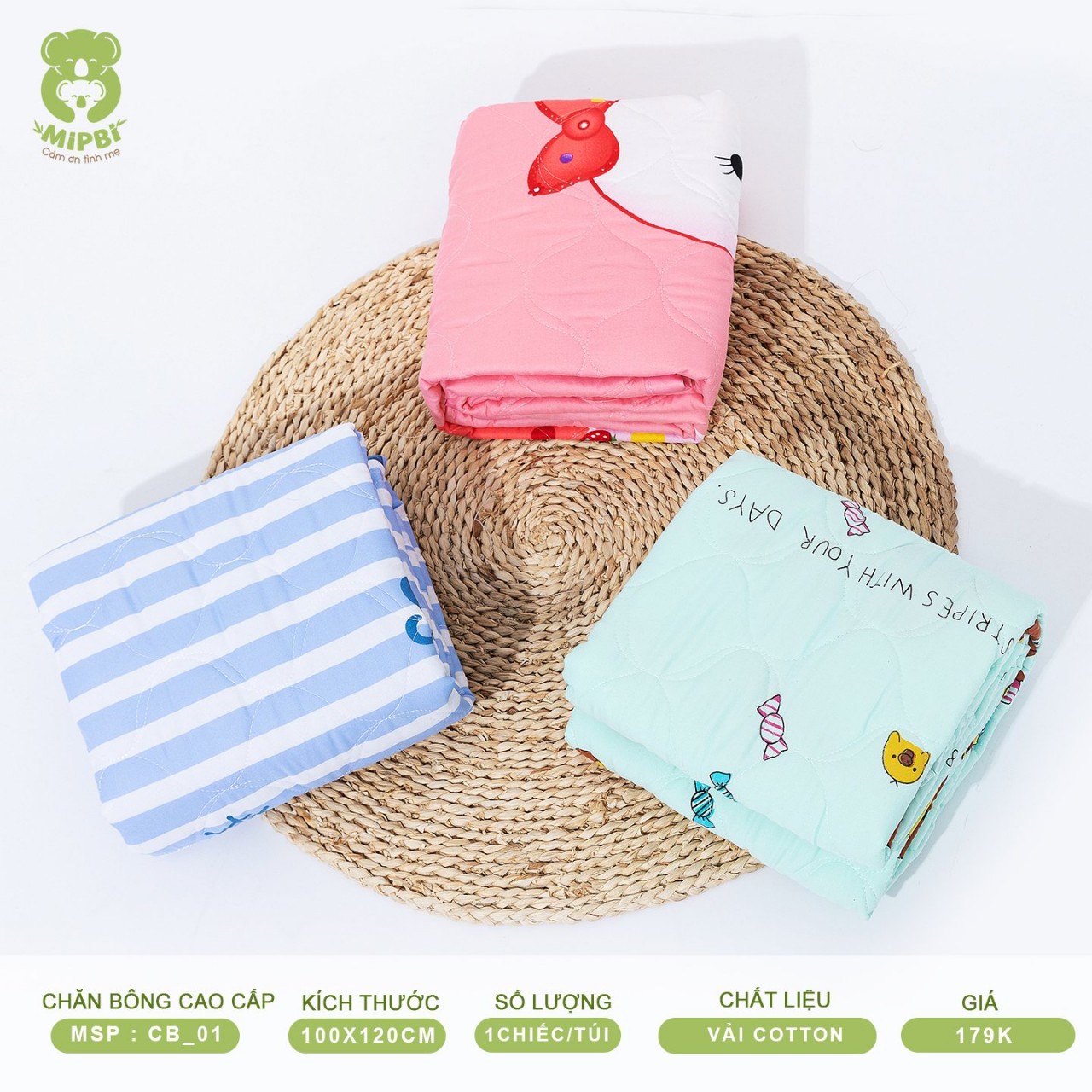Chăn cotton Mipbi hè thu trần bông mỏng nhẹ họa tiết đáng yêu