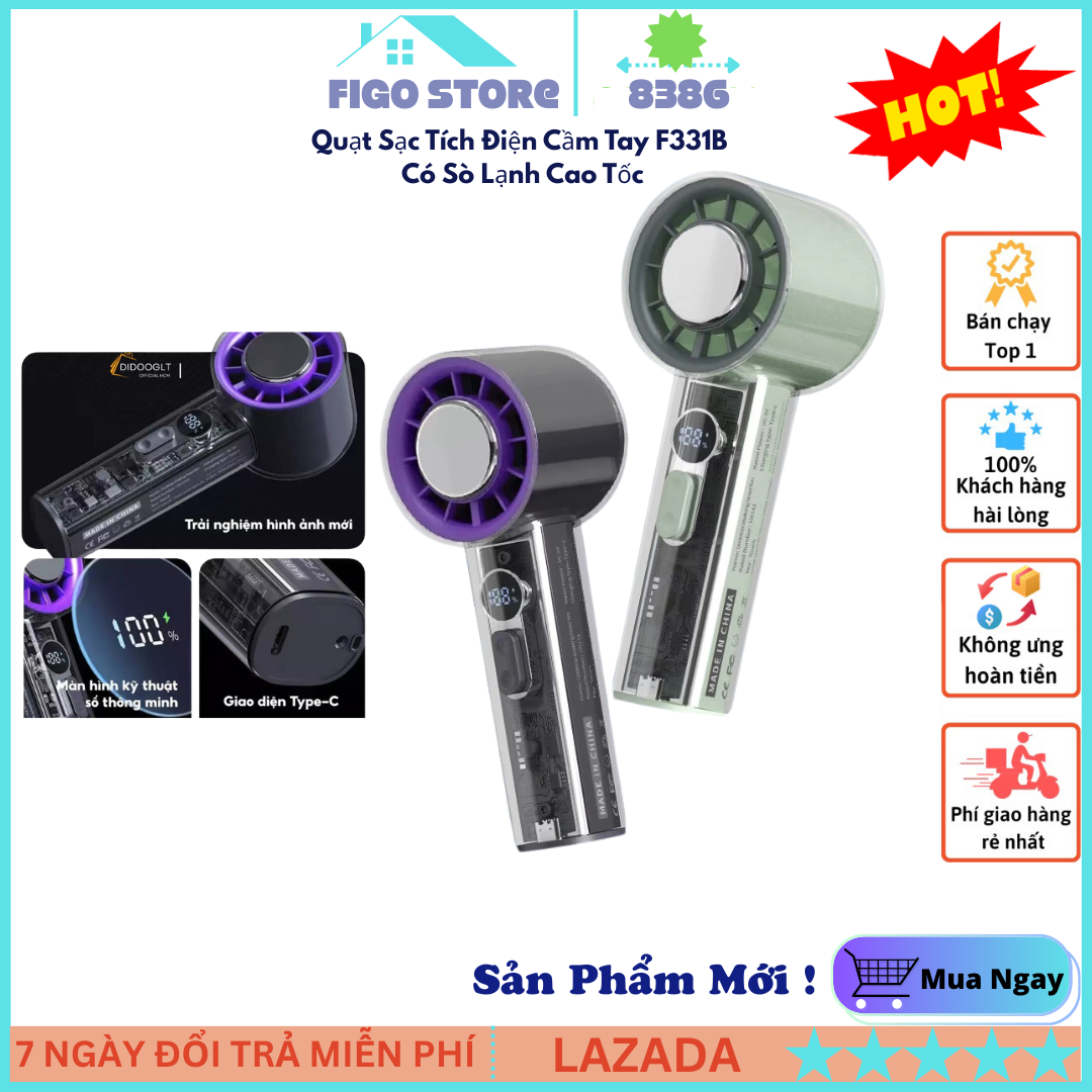 { New 2025 } Quạt Sạc Tích Điện Cầm Tay F331B Có Sò Lạnh Cao Tốc, Làm Mát Nhanh Gió Siêu Mạnh, Pin Trâu, Màn Hình LED, Thiết Kế Sang Trọng, quạt pin mini, quạt điện, Bảo Hành Toàn Quốc