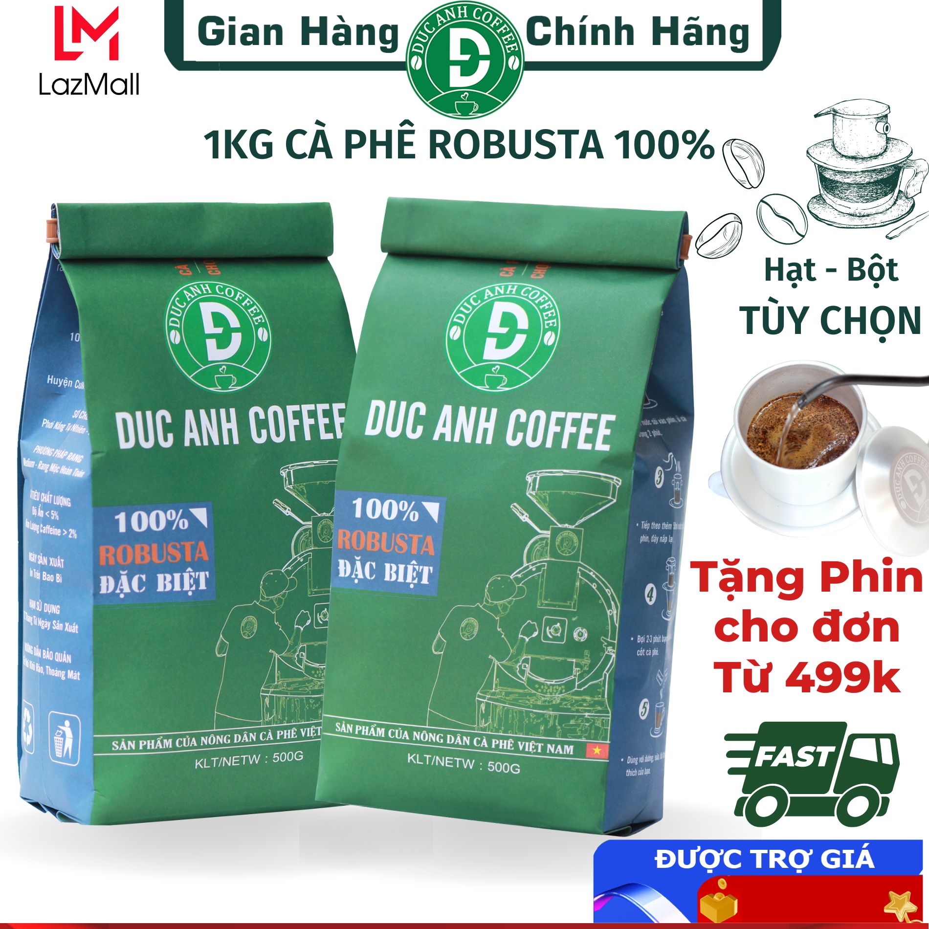 1kg Cà Phê rang mộc 100% nguyên chất phù hợp pha phin, pha máy chọn lọc trái chín cao - đậm vị, mạnh, hậu ngọt - túi giấy yên môi trường DUC ANH COFFEE - cafe pha phin - cafe đặc sản
