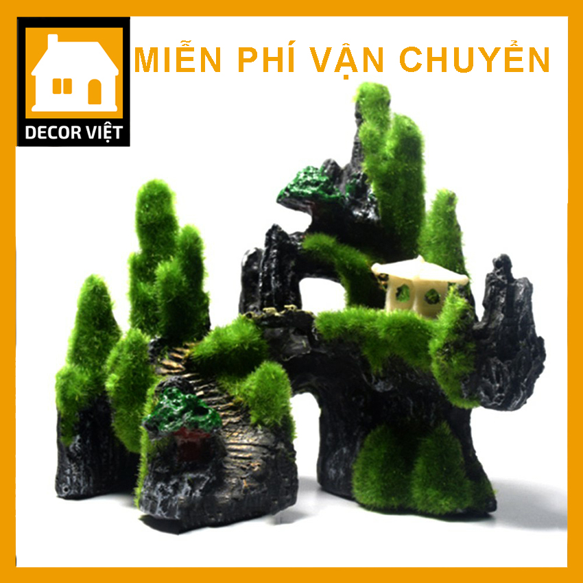 Mô hình hòn non bộ trang trí bể cá cảnh Decor Việt non bộ chùa vàng cỏ