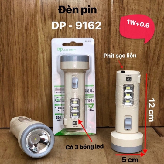 Đèn pin dp 2 chế độ đèn. 2 loại đèn: 3 đèn led thân đèn pin và 1 đèn led pha xa phía trước đèn pin.đèn pin siêu sáng, siêu bền,pin trâu.đèn pin dp-9162