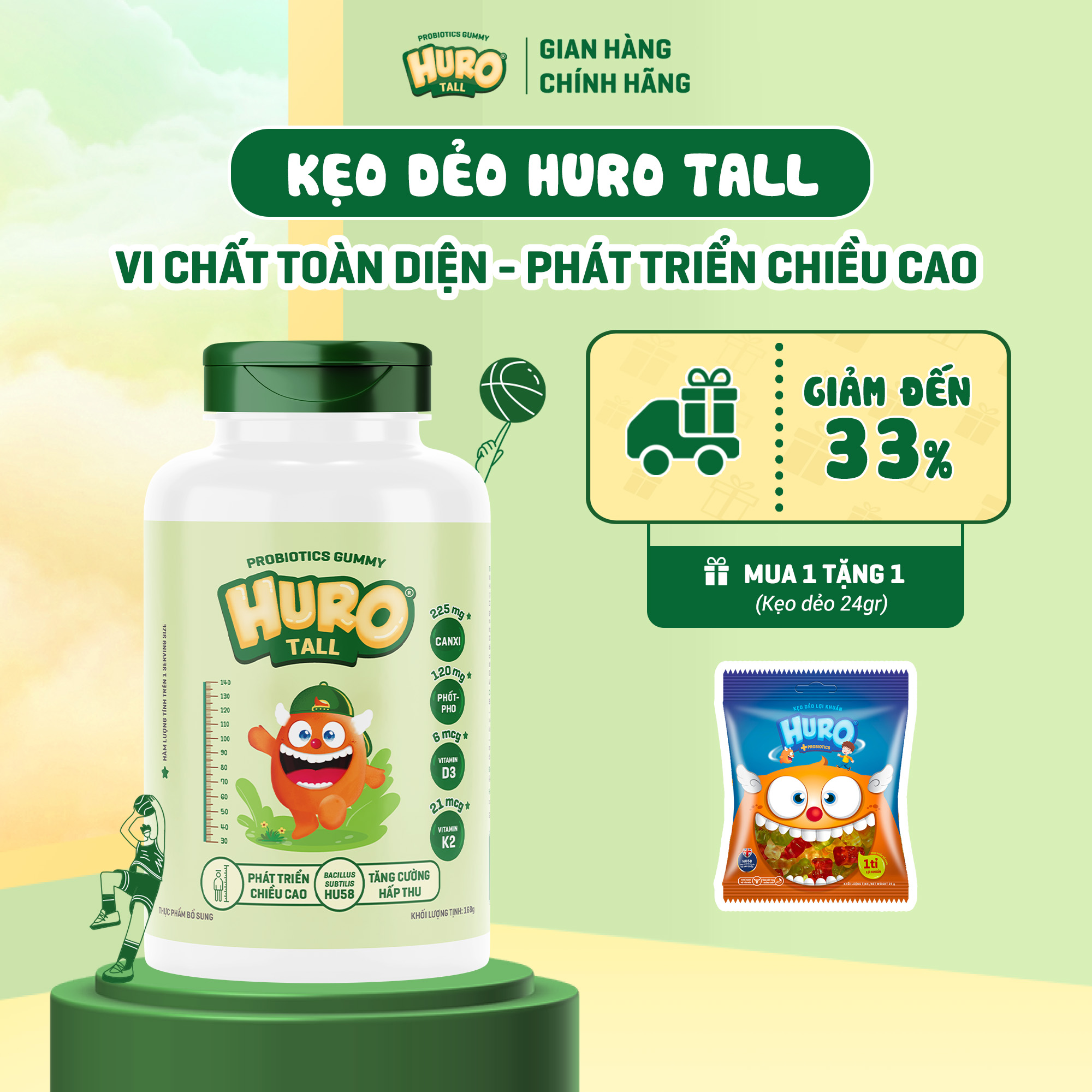 Kẹo dẻo vitamin d3 k2 canxi, photpho huro tall phát triển chiều cao chắc khỏe xương thêm lợi khuẩn hu58 hỗ trợ hệ tiêu hóa - hũ 168g