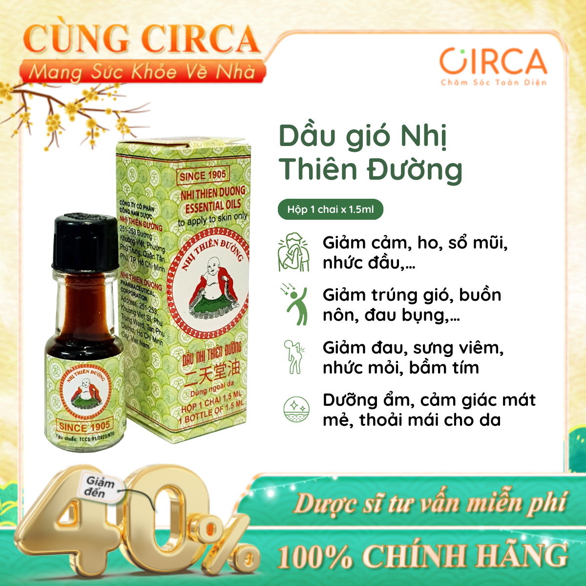 Dầu gió Nhị Thiên Đường chai 1.5ml