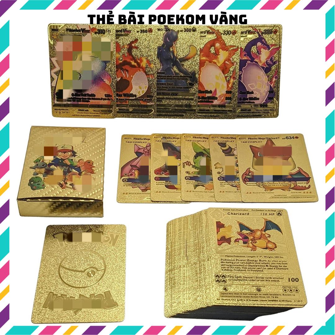 Thẻ pokemon mạ vàng cao cấp, bài pokemon vàng bạc đen lấp lánh đồ chơi pokemon cho bé