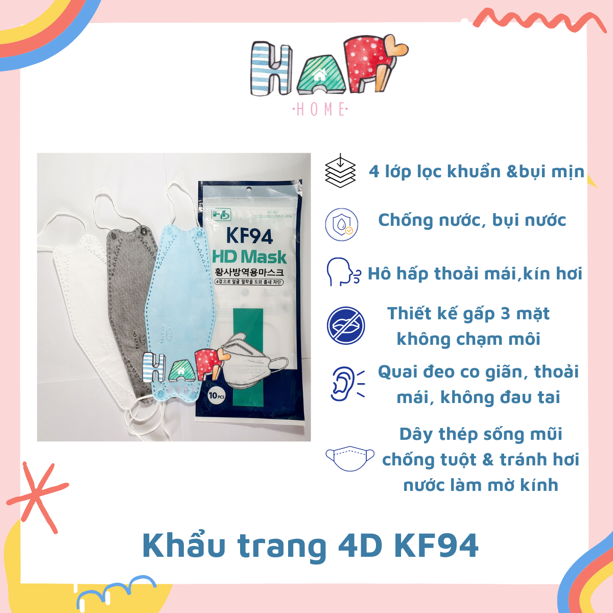 Sỉ 1 thùng 300 / 200 chiếc / 100 chiếc khẩu trang kf94, khẩu trang 4d tiêu chuẩn hàn quốc, kháng khuẩn, ngăn ngừa virus, chống bụi mịn - hd mask - hapi home
