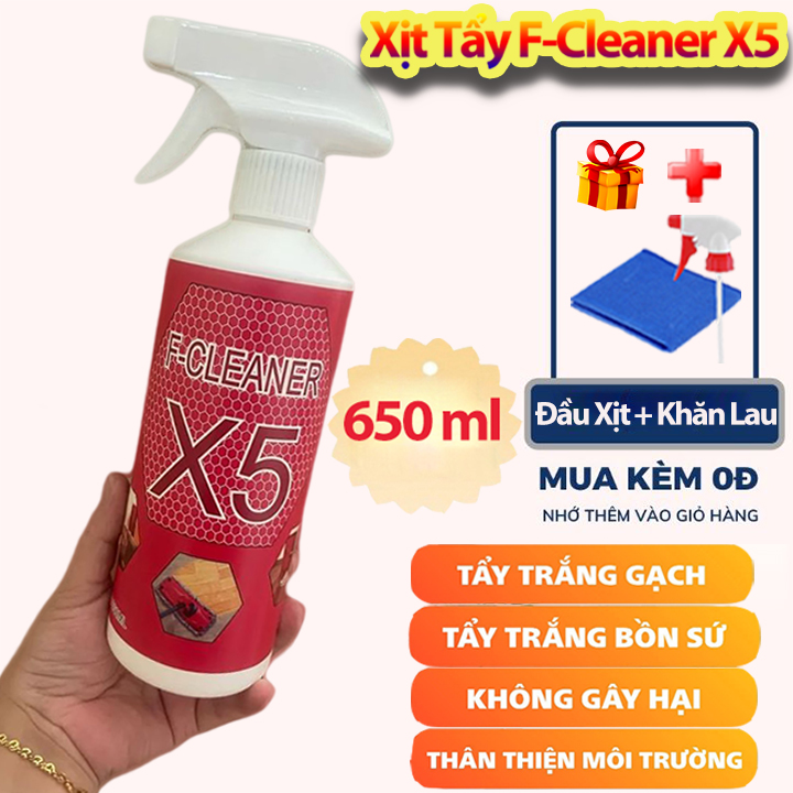 Bình Xịt Tẩy Trắng Vệ Sinh Sàn Nhà F-Cleaner X5 650ml Làm Sạch Bề Mặt Sàn Đá Hóa, Đường Chỉ Gạch + K