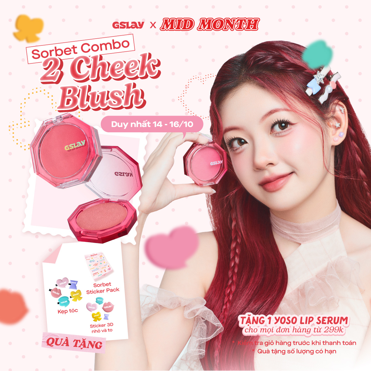 Combo 02 Má Hồng Kem Hoá Phấn GSLAY Sorbet Cheek Blush thuần chay mịn lì và nhũ bắt sáng dễ tán bền