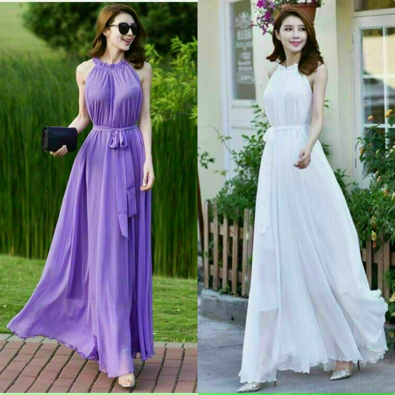 Váy đầm maxi dài cổ xếp ly dây cột nơ eo kiểu dáng trẻ trung thanh lịch