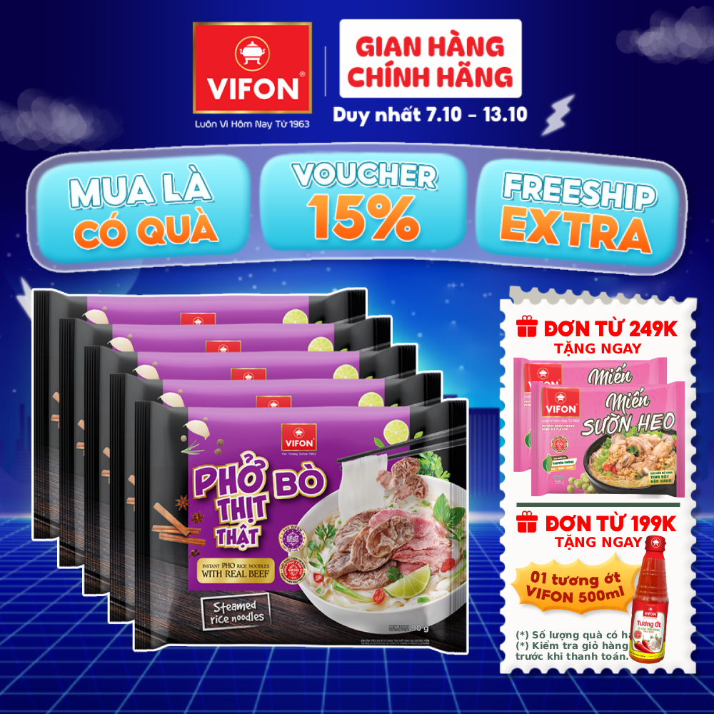 [VOUCHER 15%] Set 5 gói Phở Thịt Thật Thịt Bò/ Gà 90g VIFON