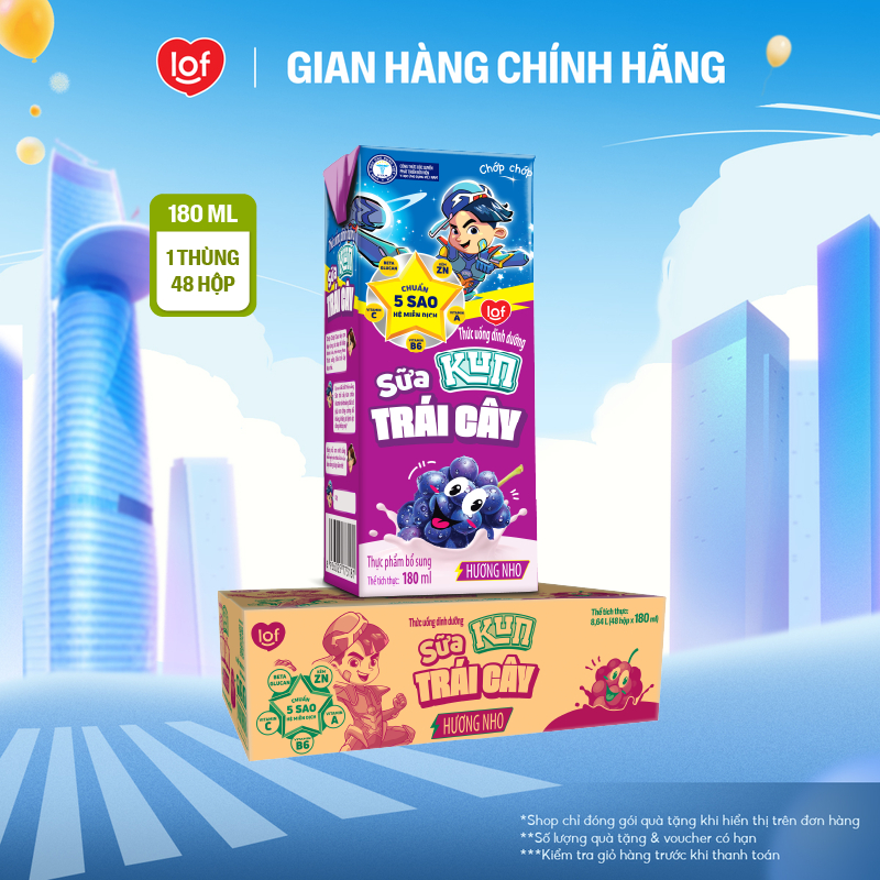 Sữa trái cây KUN vị nho thùng 48 hộp x 180ml