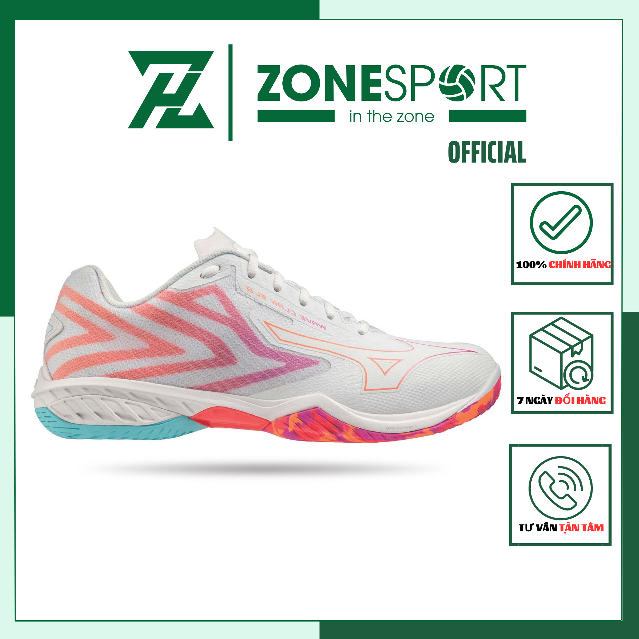 Giày Mizuno Wave Claw EL 2 Trắng Hồng - Giày Chuyên Cầu Lông, Bóng Chuyền, Tennis cổ thấp đế bám sàn hỗ trợ di chuyển