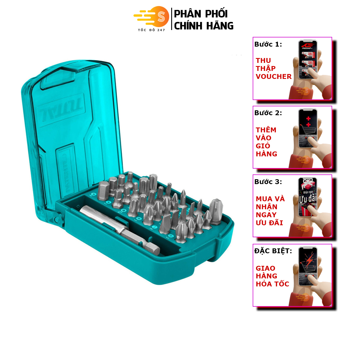 Bộ 30 mũi bắt vít 25mm thép chuyên dụng s2 total tacsd10306 - có hộp đựng, nhỏ gọn, đầu vít có từ tính - tốc độ 247